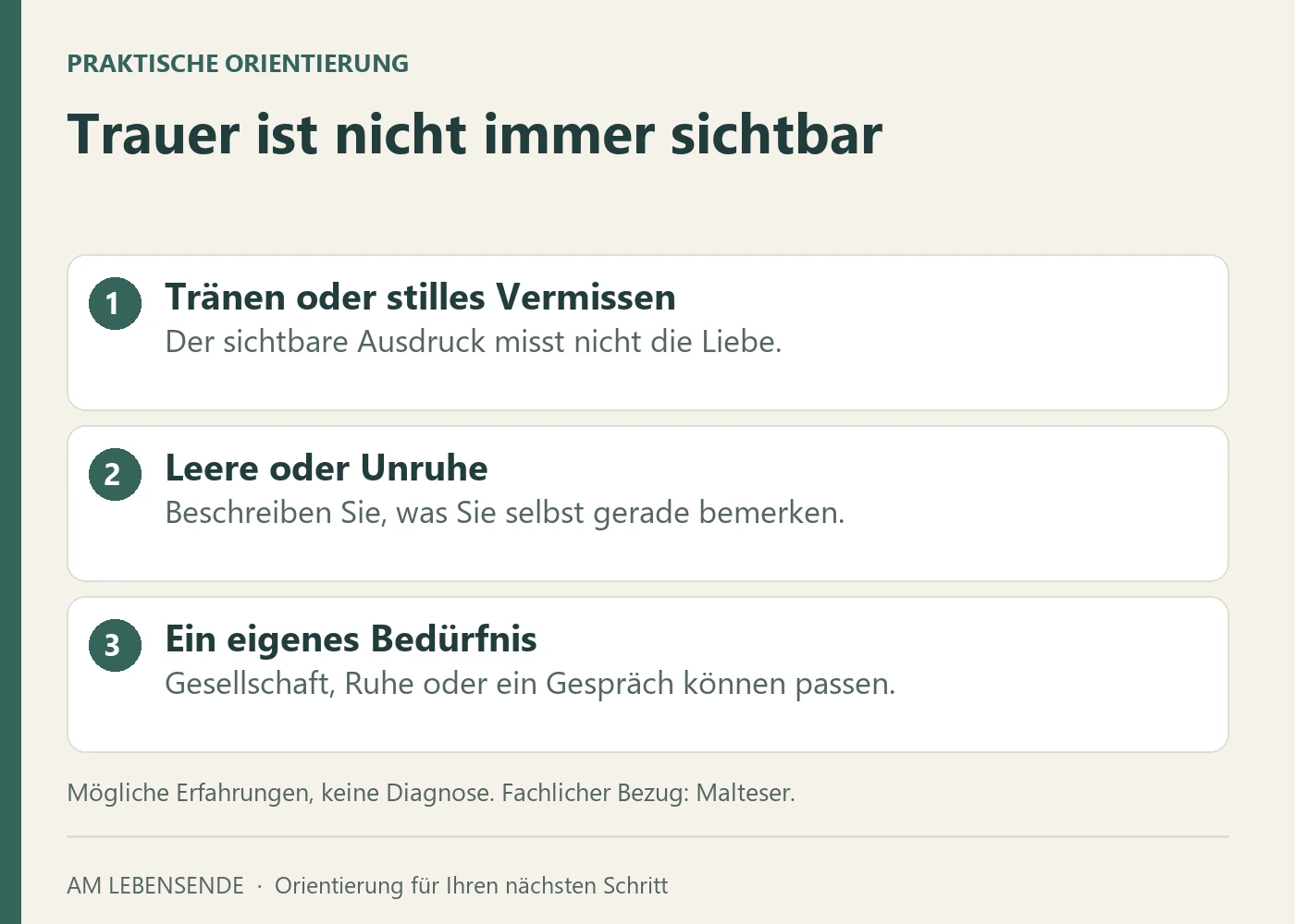 Vier mögliche Ausdrucksformen von Trauer: Tränen, Leere, Unruhe und stilles Erinnern. Keine davon misst die Liebe.