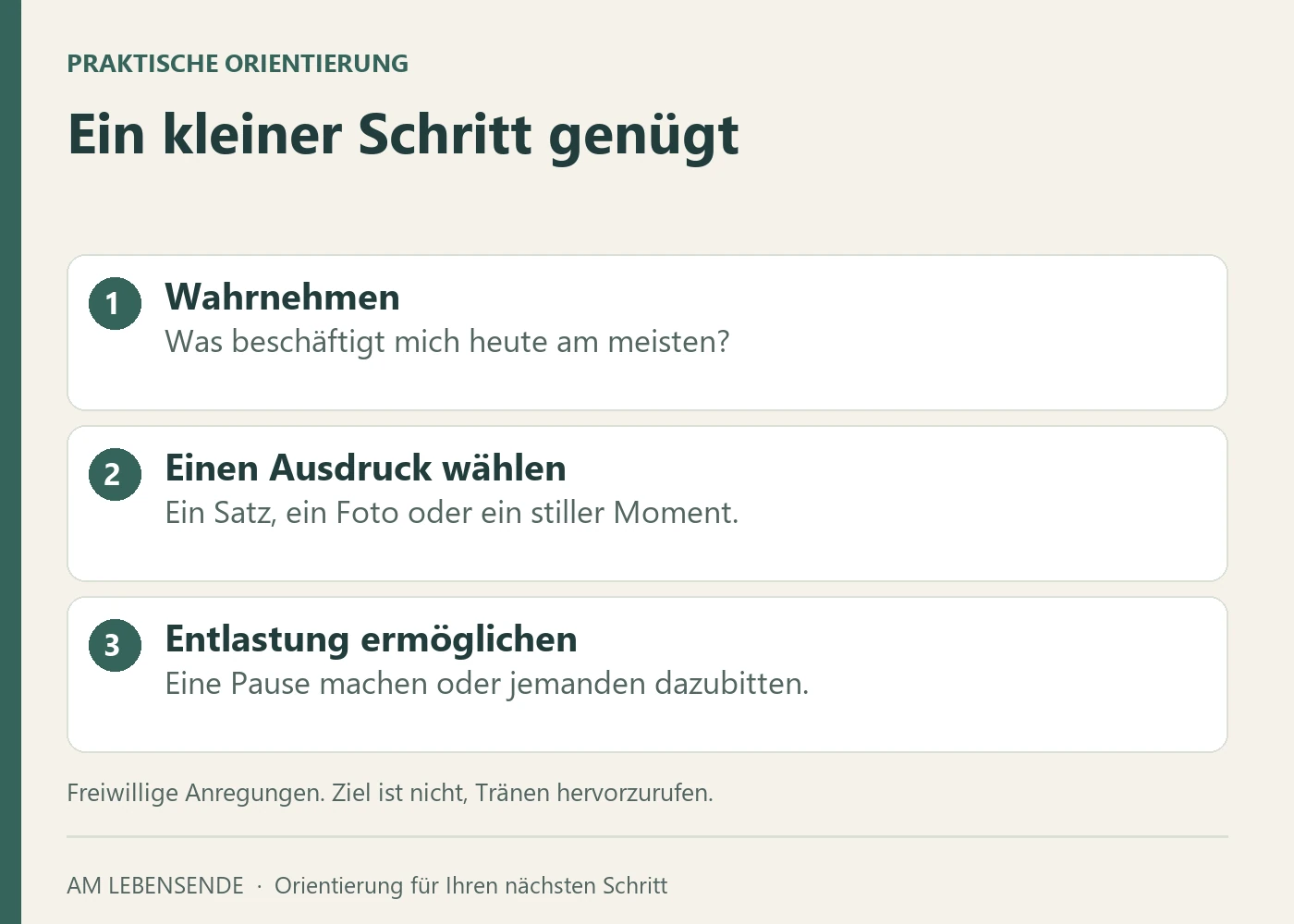 Drei freiwillige Schritte: wahrnehmen, einen kleinen Ausdruck wählen und anschließend für Entlastung sorgen.