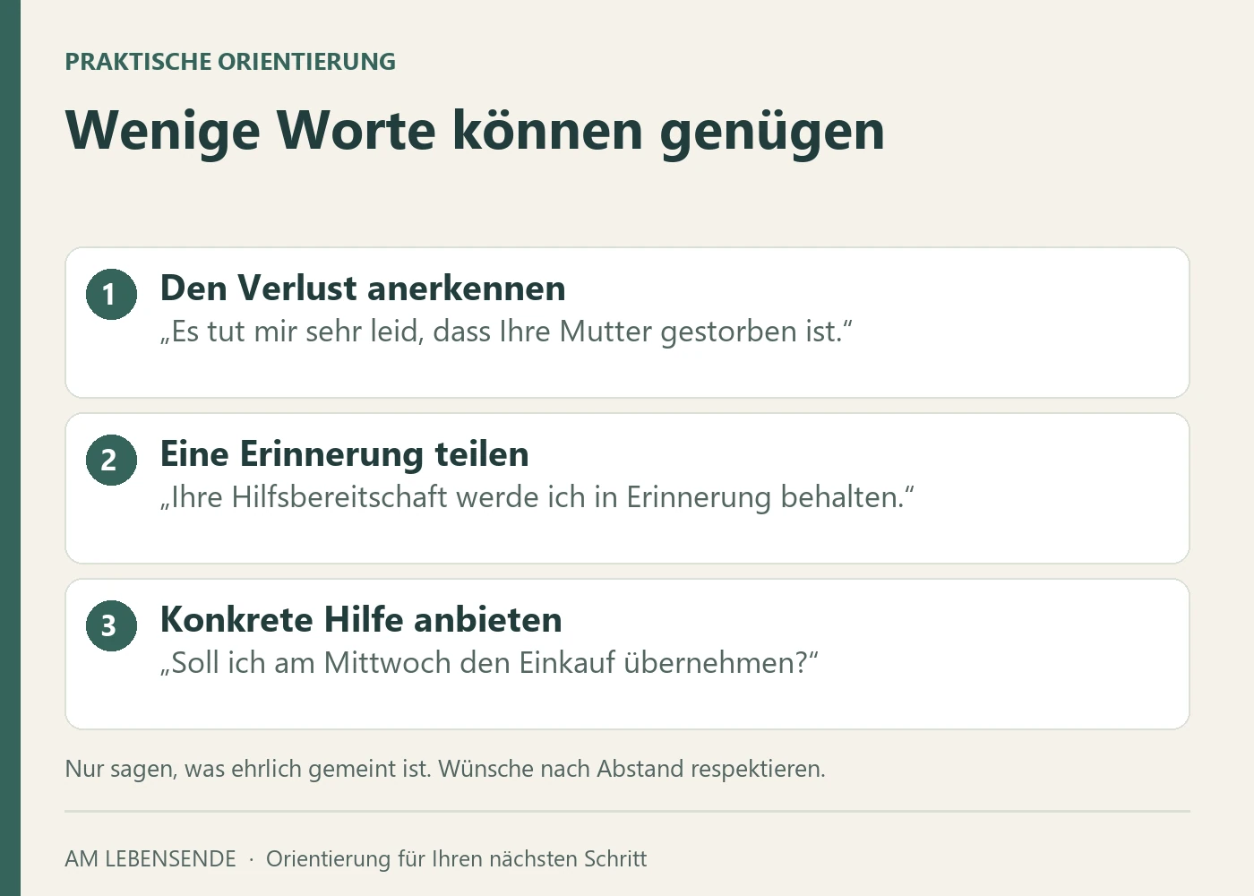Drei Elemente einer kurzen Beileidsbekundung: Verlust anerkennen, persönliche Verbindung nennen und eine konkrete Hilfe anbieten, wenn sie ehrlich gemeint ist.