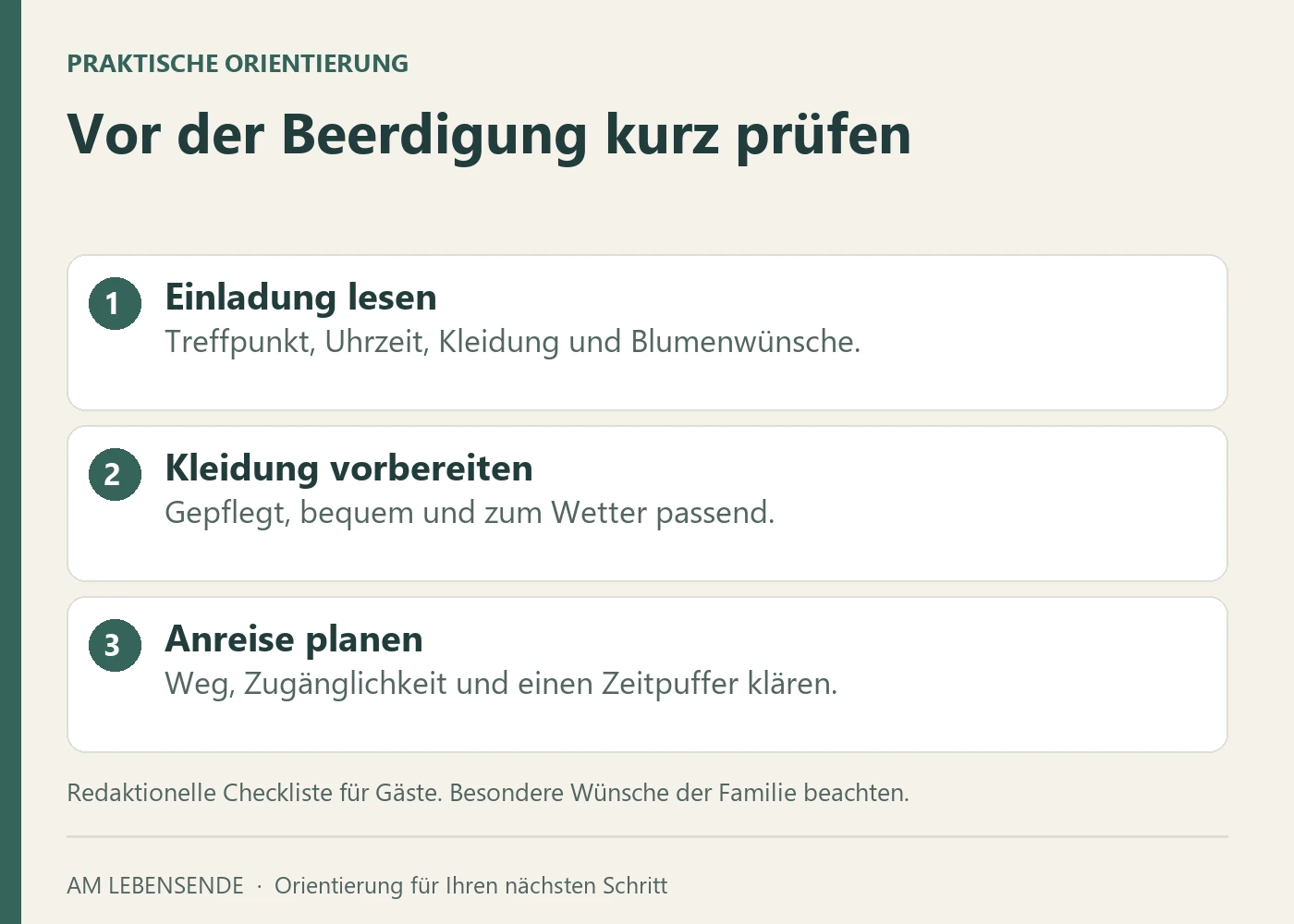 Vorbereitung in drei Bereichen: Einladung lesen, wettergeeignete Kleidung wählen und Anreise mit Zeitpuffer planen.
