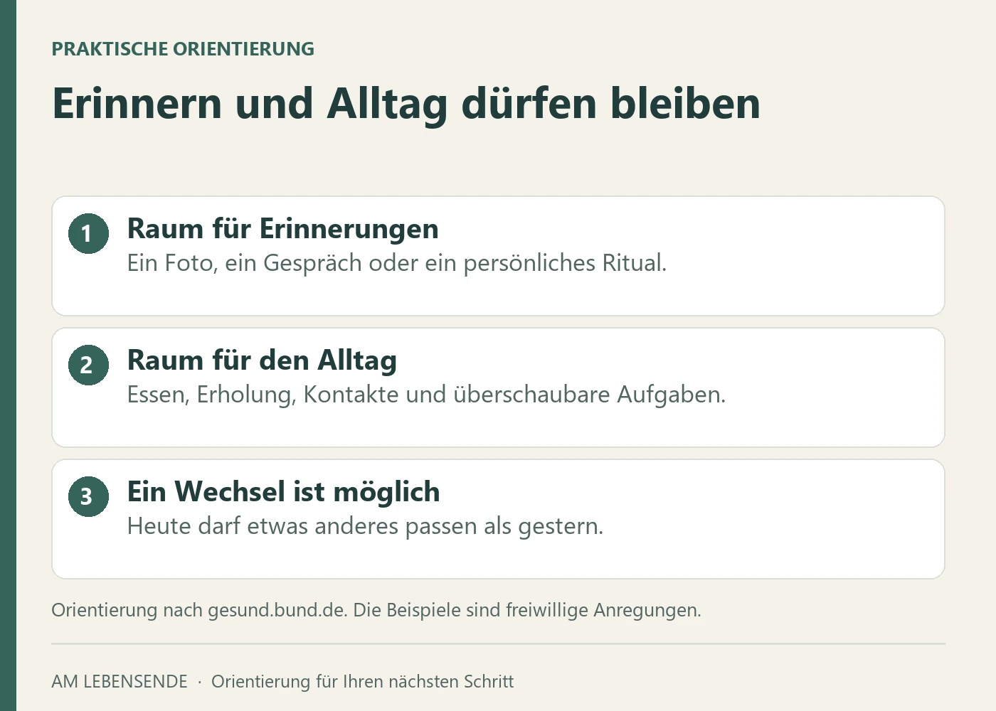 Zwei gleichwertige Bereiche: Erinnern mit Foto oder Gespräch und Alltag mit Essen, Kontakt oder Erholung. Ein Wechsel ist möglich.