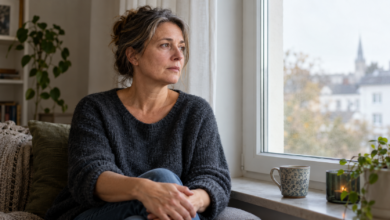 Nachdenkliche Frau sitzt mit ruhigem Gesichtsausdruck an einem Fenster.